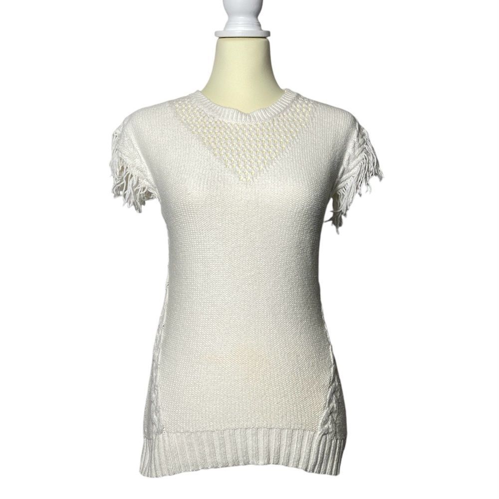 Etcetera White/Ivory Knit Short Sleeve Sweater W/ Fringe Detail Women's Size S
